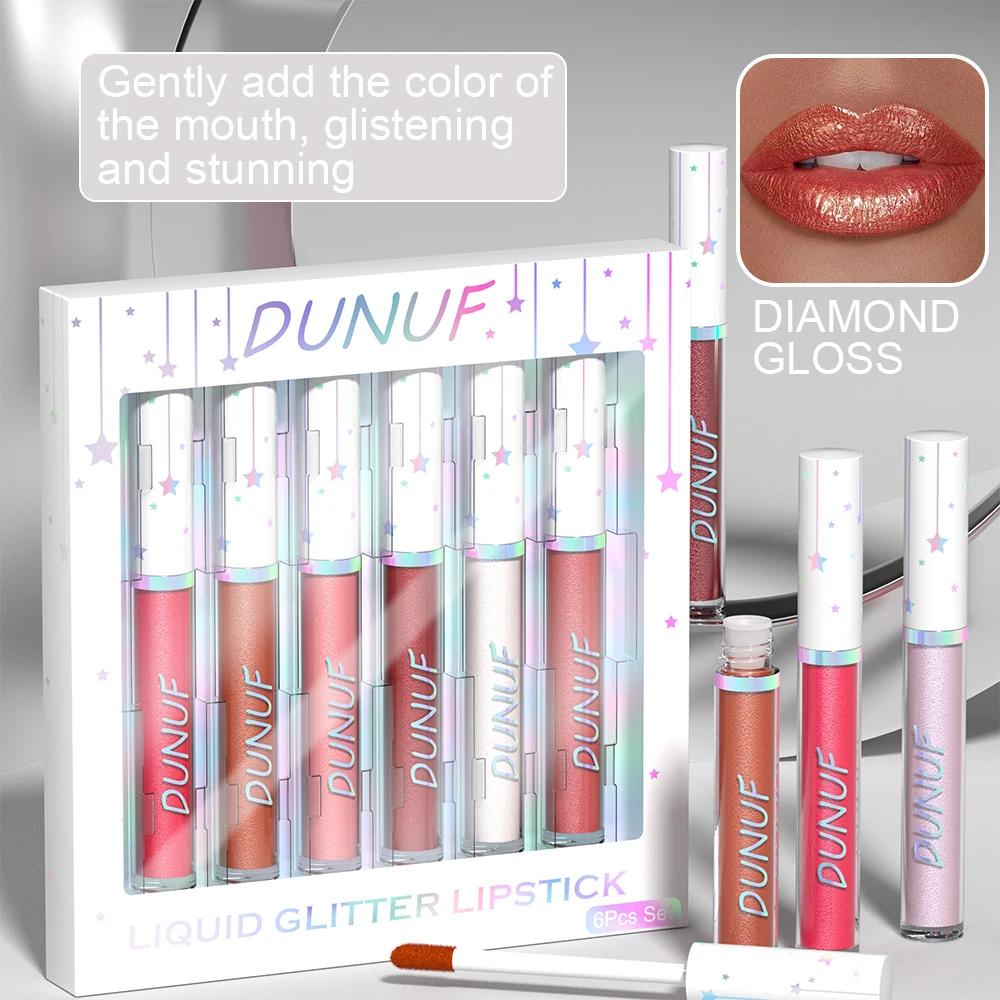 Dunuf Set di rossetti impermeabili a lunga durata da 6 pezzi, finitura luccicante, perfetto da indossare tutto il giorno, regalo ideale per donne e ragazze