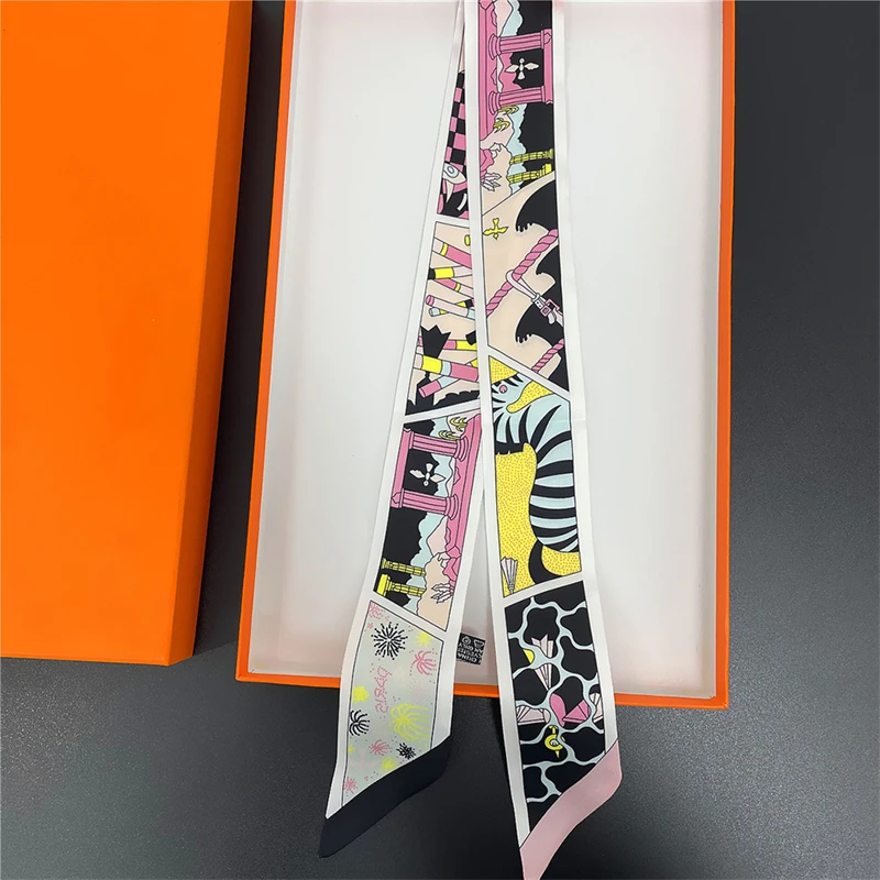 2023 New Small Silk Scarf Women Luxury Hair Scarf Twill Print Wrap Bag Handle Ribbon Brand Fashion Foulard Women's Headscarf