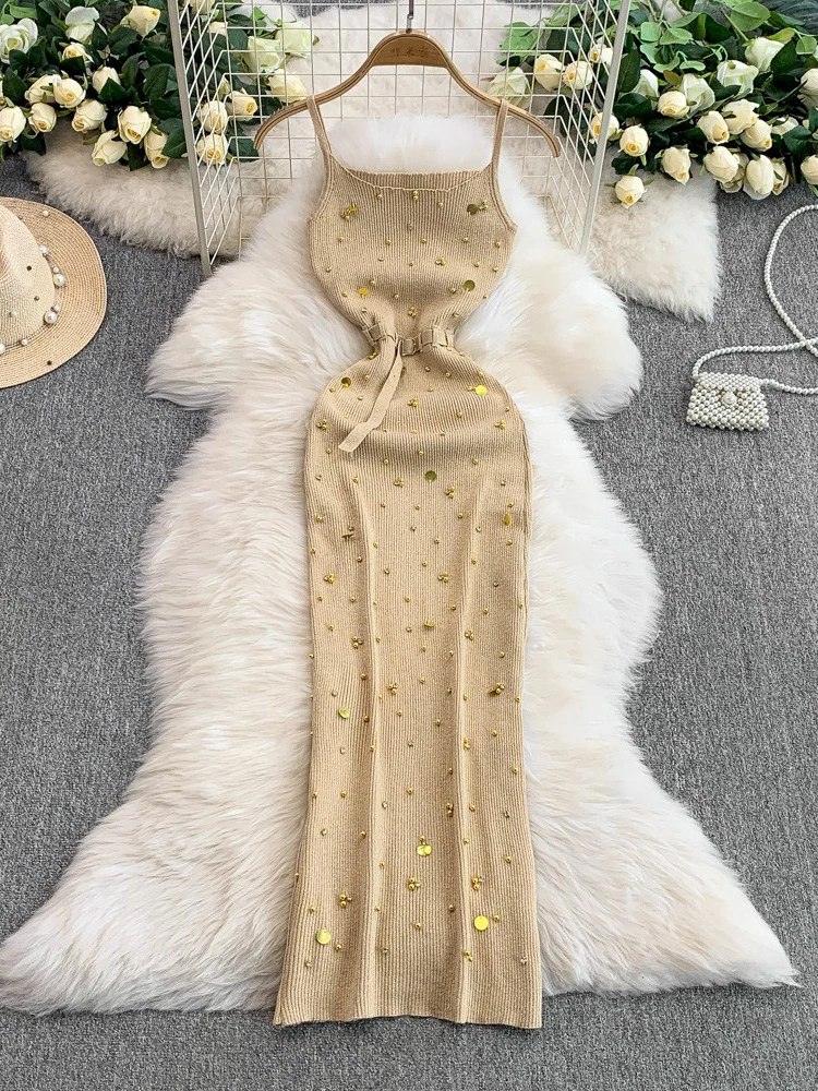 American Sle Spicy Girl Heavy Embellied Diamond Strap Dr Women's Summer Knitted Belted Waist Ele Split Long Dr