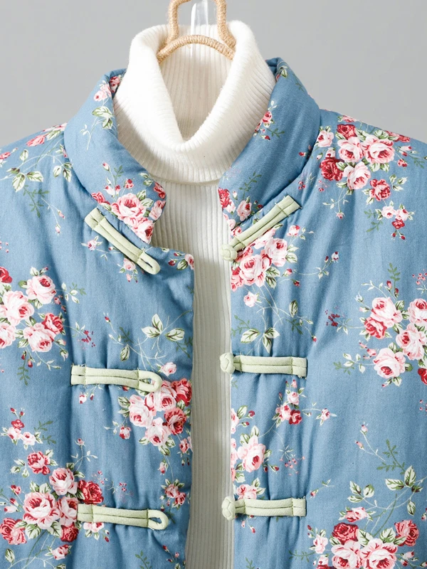 Thiened الدفء الجديد الصينية Sle القطن Jaet المرأة الخريف الشتاء معطف الأزهار طباعة طويلة Sve الوقوف طوق زر واحد