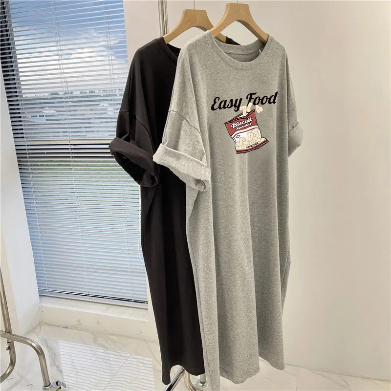 Abito dritto stampato con lettera del fumetto estivo, tunica al ginocchio con scollo a o Vintage da donna, abiti pullover di base Casual larghi