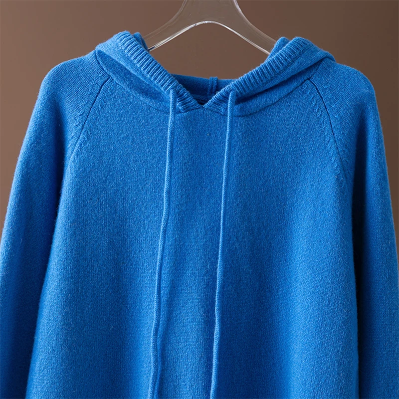 المرأة هوديي سترة 100% بحيرة الطبيعية الأزرق مقنعين الرقبة طويلة الأكمام البلوز الأعلى الدافئة الخريف الشتاء M1464