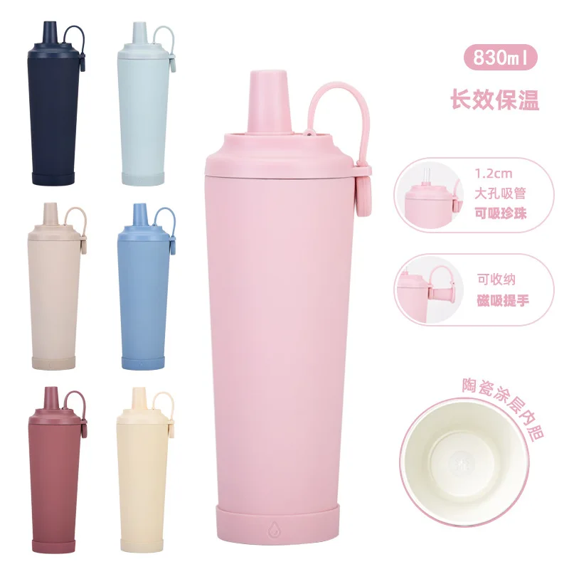 

830ML Thermos Cup With Straw Magnetic Handle,Stainless Steel Drinkware,Ceramic coated inner liner Vacuum Flasks,Water Bottle