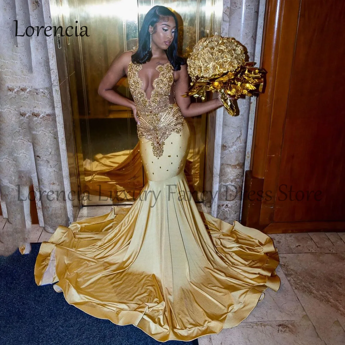 

Sparkly 2024 Gold Sequined Mermaid Prom Dress For Black Girls Crystals Rhinestone Evening Party Gowns Formal robe chic soirée