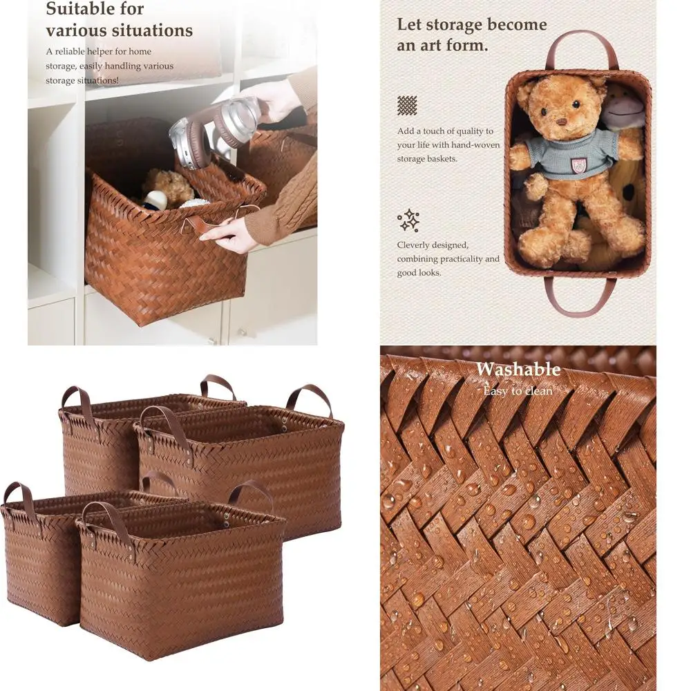

Set of 4 Brown Woven Laundry Baskets for Storage, Ideal for Clothes and Blankets in Bedroom and Bathroom
