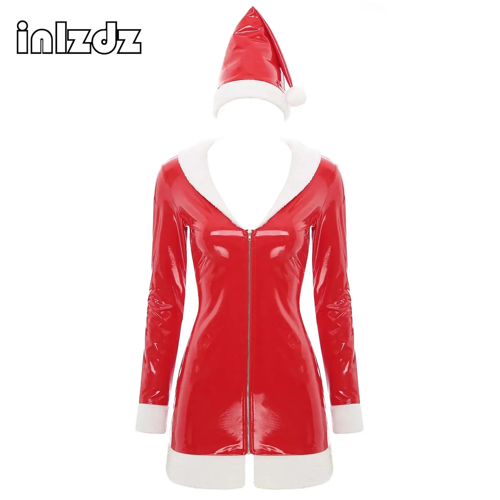 

Womens Patent Leather Santa Claus Dress with Hat White Plush Trim V Neck Long Sleeve Front Zipper A-Line Christmas Dress