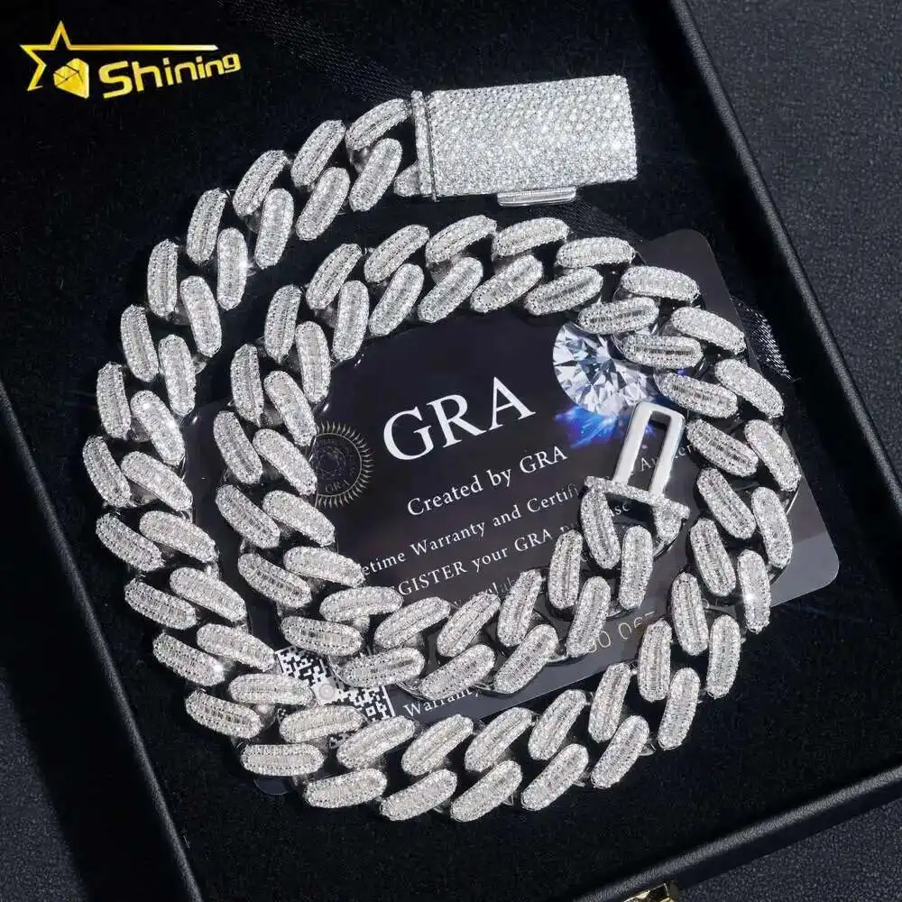 

Hip Hop Jewelry 925 Silver Gold Plated 14mm Baguettes Iced Out Necklace Vvs d Color Moissanie Cuban Link Chain