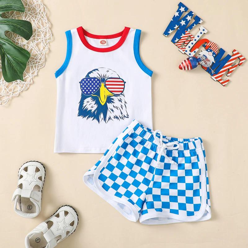 

Toddler Boys 2-Piece Outfit American Flag Print Sleeveless Top with Elastic Waist Plaid Shorts Set for 4th of July