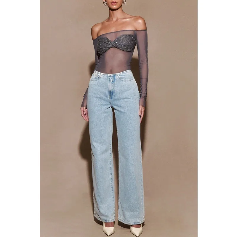 Top corto transparente de malla para mujer, camiseta Sexy con lentejuelas y hombros descubiertos, camiseta transparente de manga larga, ropa de calle para discoteca