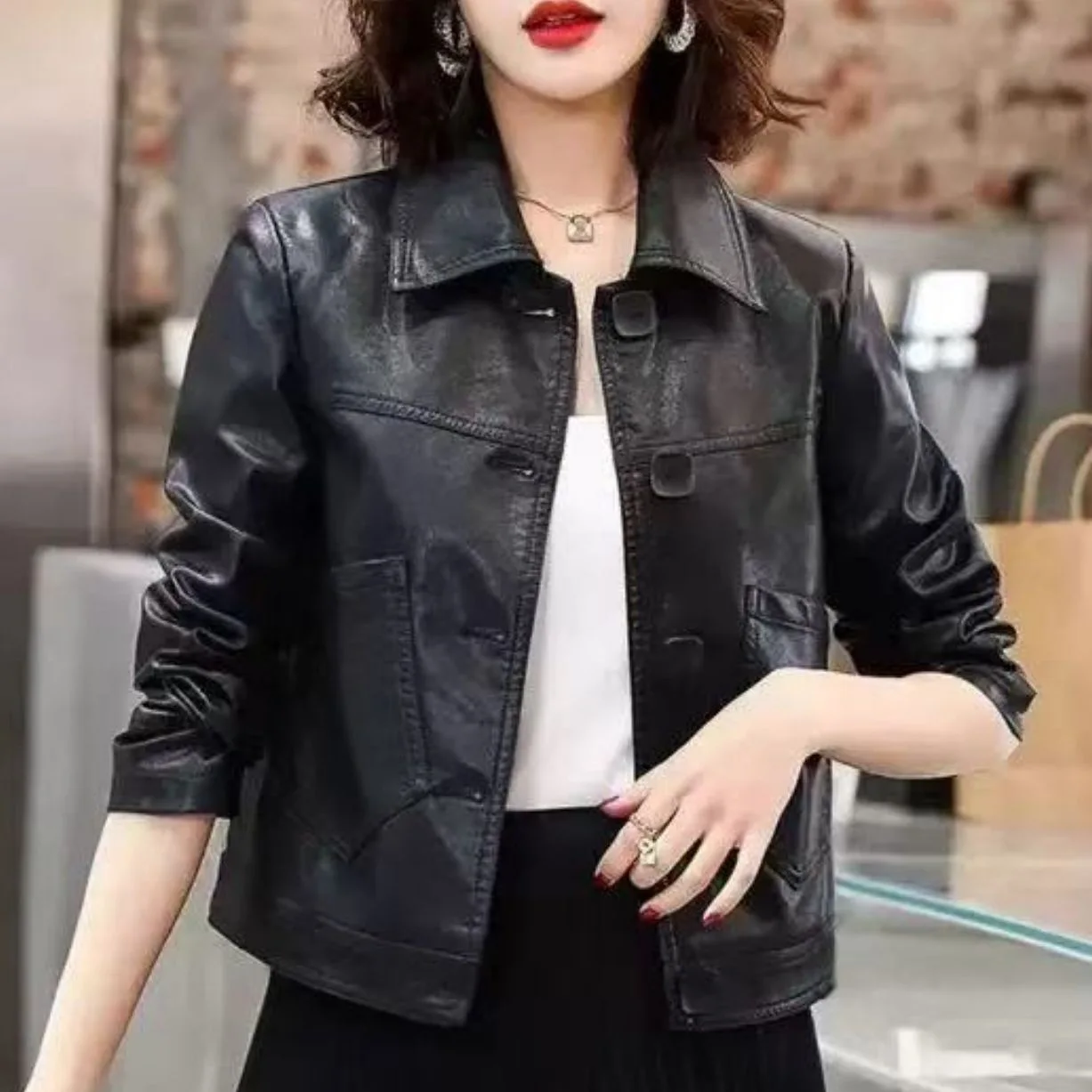 Fashionable Short Button-Up PU Leather Jacket Women's Spring Autumn New Style Casual Outerwear Shirt Coat Regular Length