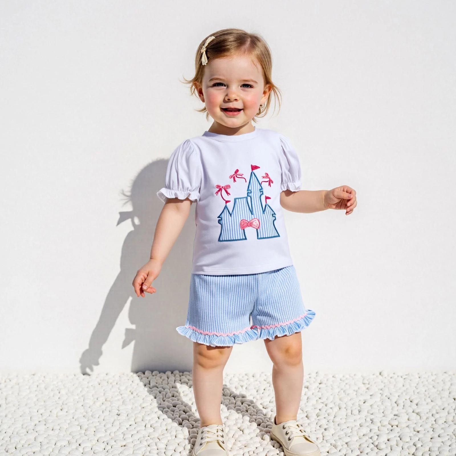 1-9Y Toddler Girls Summer Outfit Bow Embroidery Short Sleeves T-Shirt Elastic Striped Shorts Set Cute 2 Piece Clothes Set