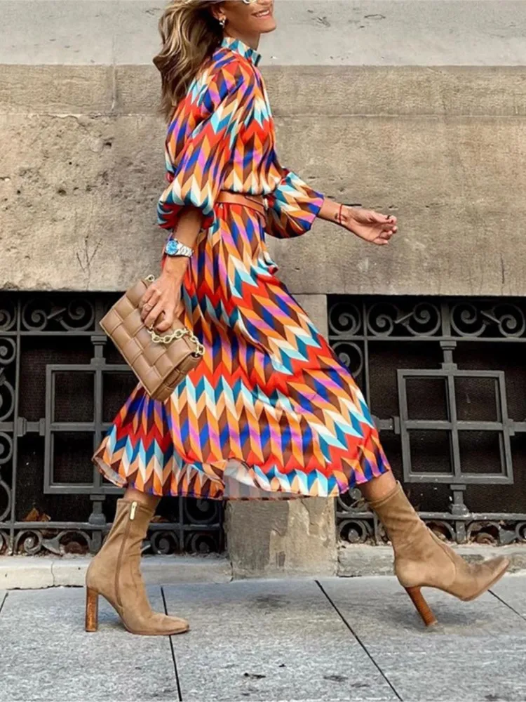 

Fashion Women Geometric Printed Long Party Dresses Autumn Stand Neck Full Sleeve Charming Lady Mid-Calf Length Sundress Clothing