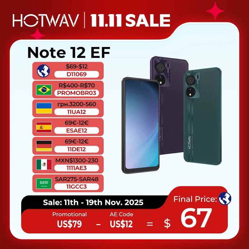 HOTWAV Note 12 EFスマートフォン 6.8インチ大画面 Android 14 OS 4GB 128GB 携帯電話 48MP 5160mAh 超薄型携帯電話