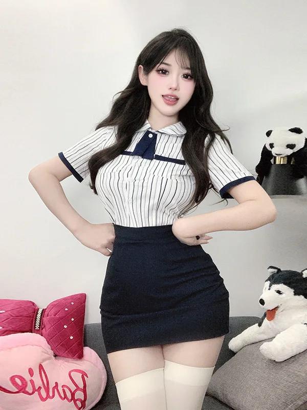 Sexy 2025 New College Style Uniform Set Women's Short Sleeve Lapel Striped Shirt+high Waist Wrap Hip Skirt Two Pieces Set JYLZ