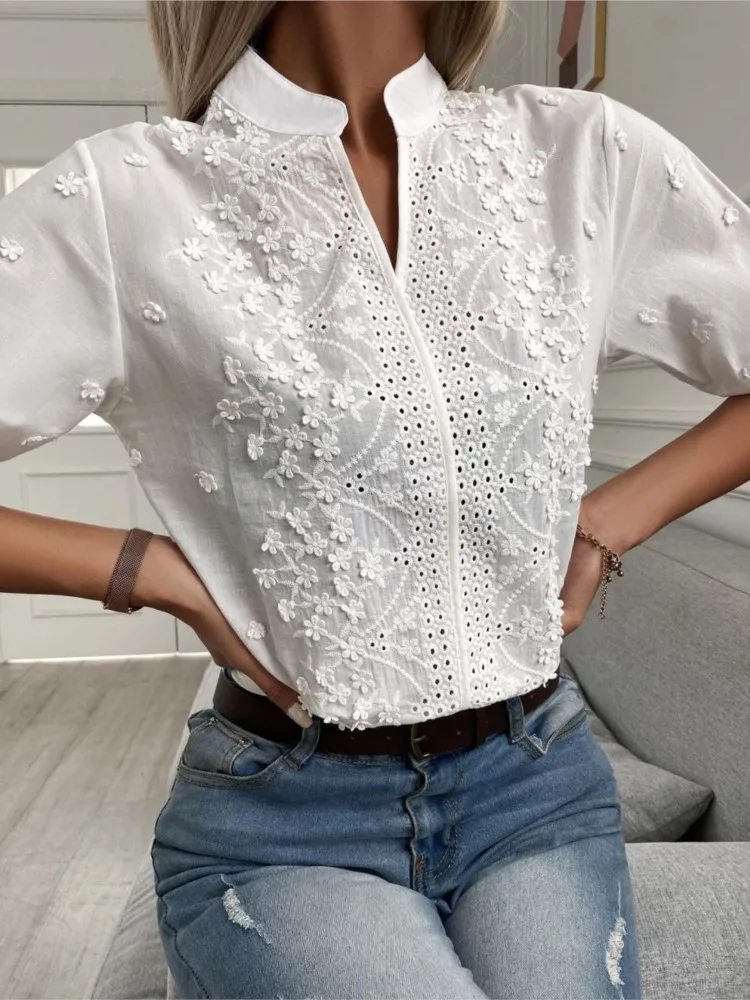 Summer Women\'s White Top Blouse New Fashion Elegnat V Neck Short Sleeve Casual Office Party Tops Shirts Female Lace Shirt