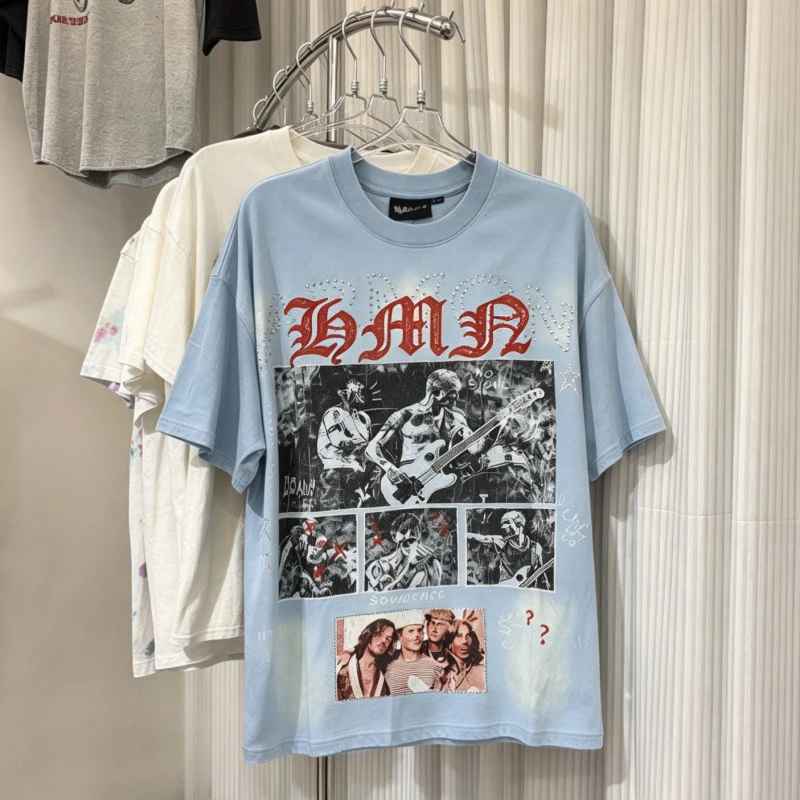 Men Women Summer Street Blue HARMONY Tshirts Hip Hop Performer Portrait Checkered Print Round Neck Short Sleeve Cotton Top Tee