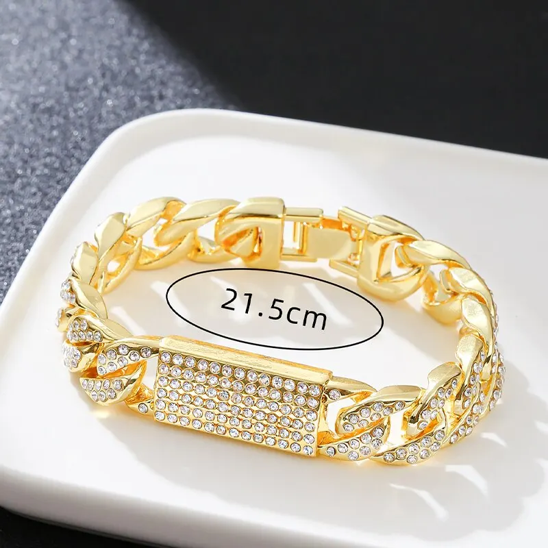 Hip Hop Gold Chuncky ID And Cuban Chain Bracelet Luxury Full Crystal ID Bracelet Bling Big Size Trendy Men Jewelry Accessory