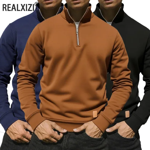 Sudaderas con media cremallera para hombre, jersey de manga larga de Color sólido, ropa de calle con cuello alto, chaqueta cálida de invierno, abrigos deportivos