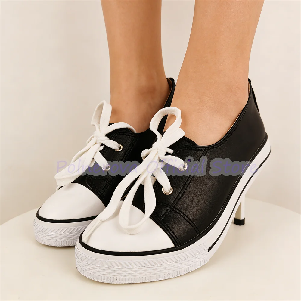 

Fashion Mixed Color Round Toe High Heel Women Sneakers Summer Outside Casual Canvas Shoes Lady Catwalk Lace-up Pumps