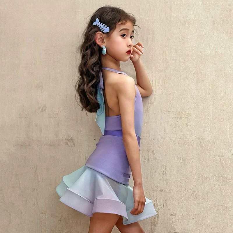 Latin Dance Split Set 2026 New Summer Blue-Purple Tone Dancing Outfit Elegant Skirt For Training Competition Stage Performances