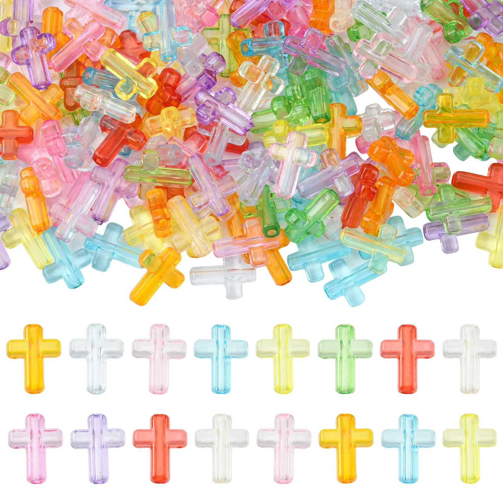 250Pcs Random Transparent Acrylic Cross Beads Colorful Religious Crucifix Loose Beads for DIY Crafts Jewelry Keychain Making