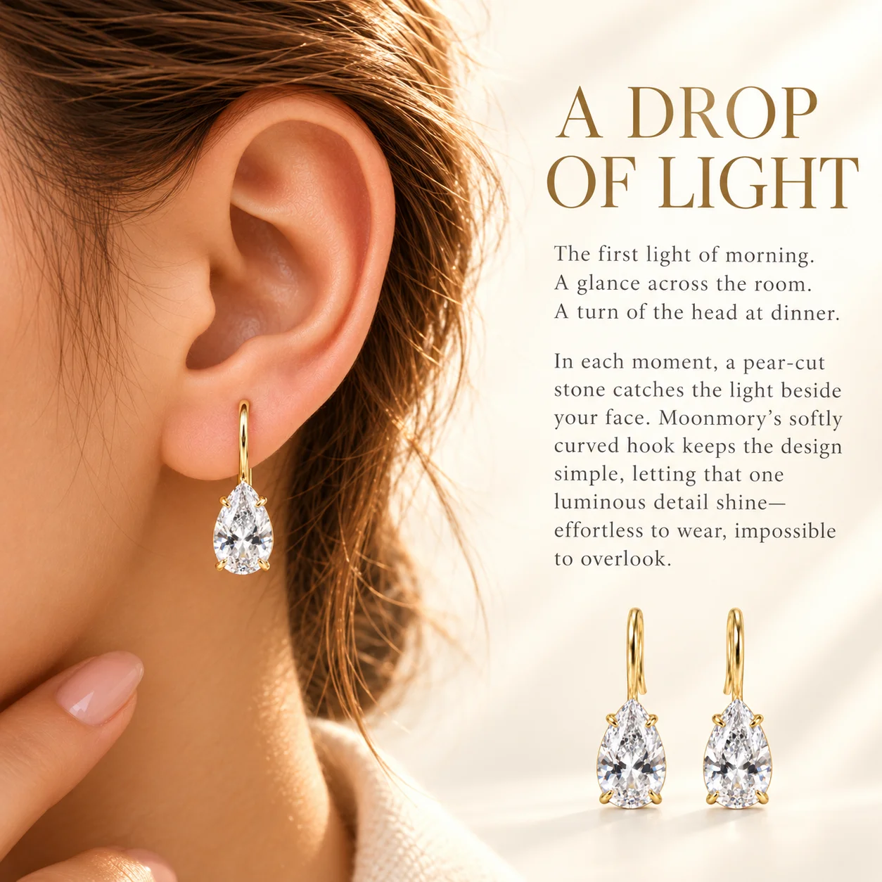 Moonmory Original-Design Große Birnenförmige Zirkon-Ohrhänger für Damen Minimalistische Luxusmarke 14K Doppelt Vergoldete Messing-Ohrhänger – Detail 1