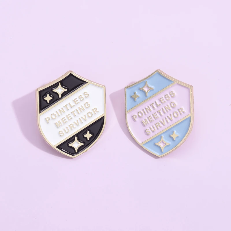 Pointless Meeting Survivor Enamel Pins Cartoon Shield Brooches Clothes Backpack Lapel Badges Jewelry Gift for Kids Friends