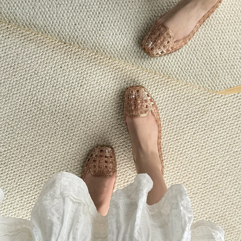 Summer Women Square Toe Crystal Jelly Flats Korean Casual Shallow Shoes Outdoor Daily Shopping Travel Beach Shoes