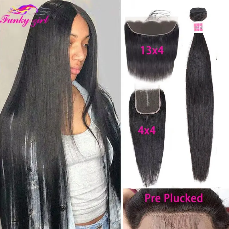 3 4 Bundles With Frontal Closure Brazilian Straight Hair 13×4 Ear to Ear Lace Frontal With Bundles Virgin Human Hair Extensions