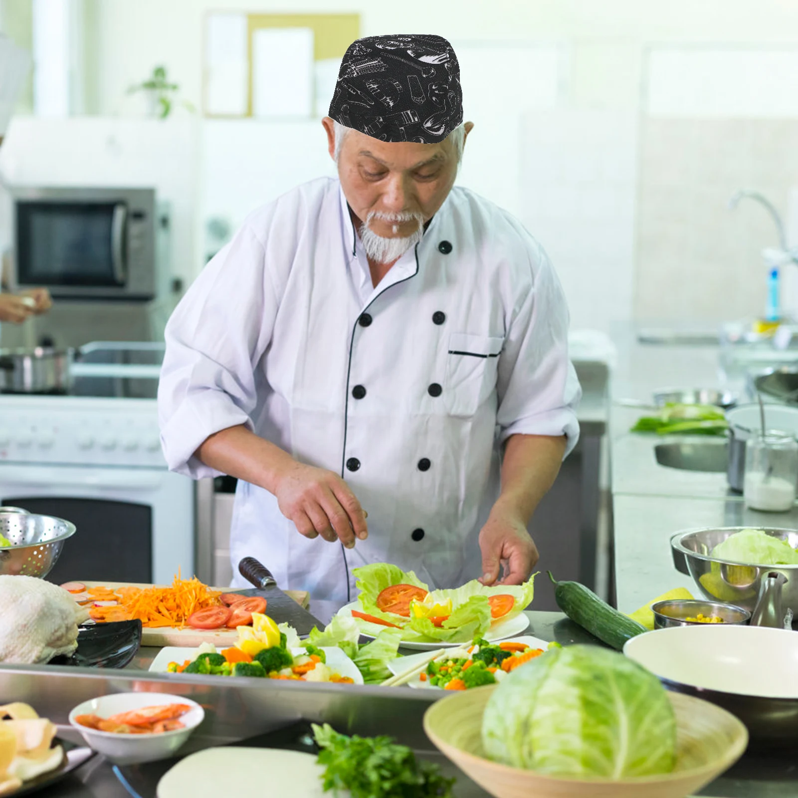 3 Pcs Hats Kitchen Catering Skull Hats Cooking Caps Black Chef Turbano Catering Skull Server Ribbon Adjustable