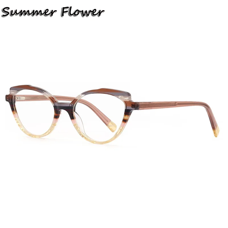 

Woman Cat Eye Eyewear Acetate Frame High End Glasses Brown Stripe Optical Prescription Spectacle for Lady