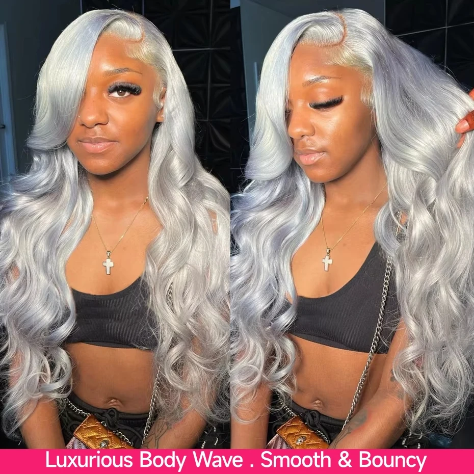 Body Wave Silver Grey Transparent Lace Front Wig Human Hair Pre Plucked Remy Brazilian Gray Colored 13x6 Lace Frontal Wigs For Women