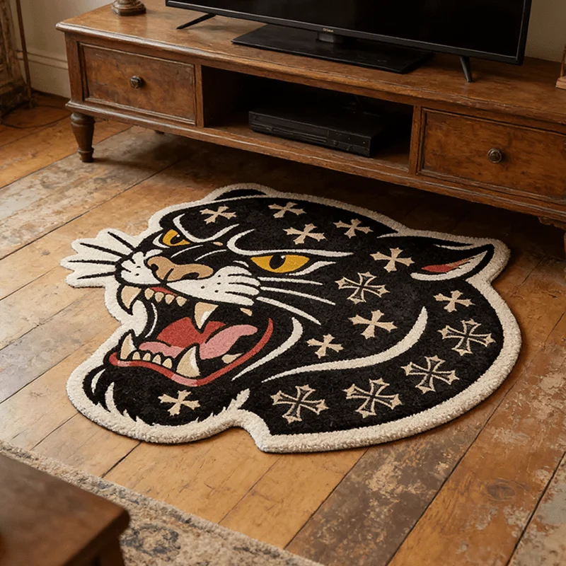VIKAMA Irregular Black Panther Head Shaped Rug Retro Cross Pattern Fluffy Tufted Non‑slip Cool‑style Indoor Entryway Floor Mat