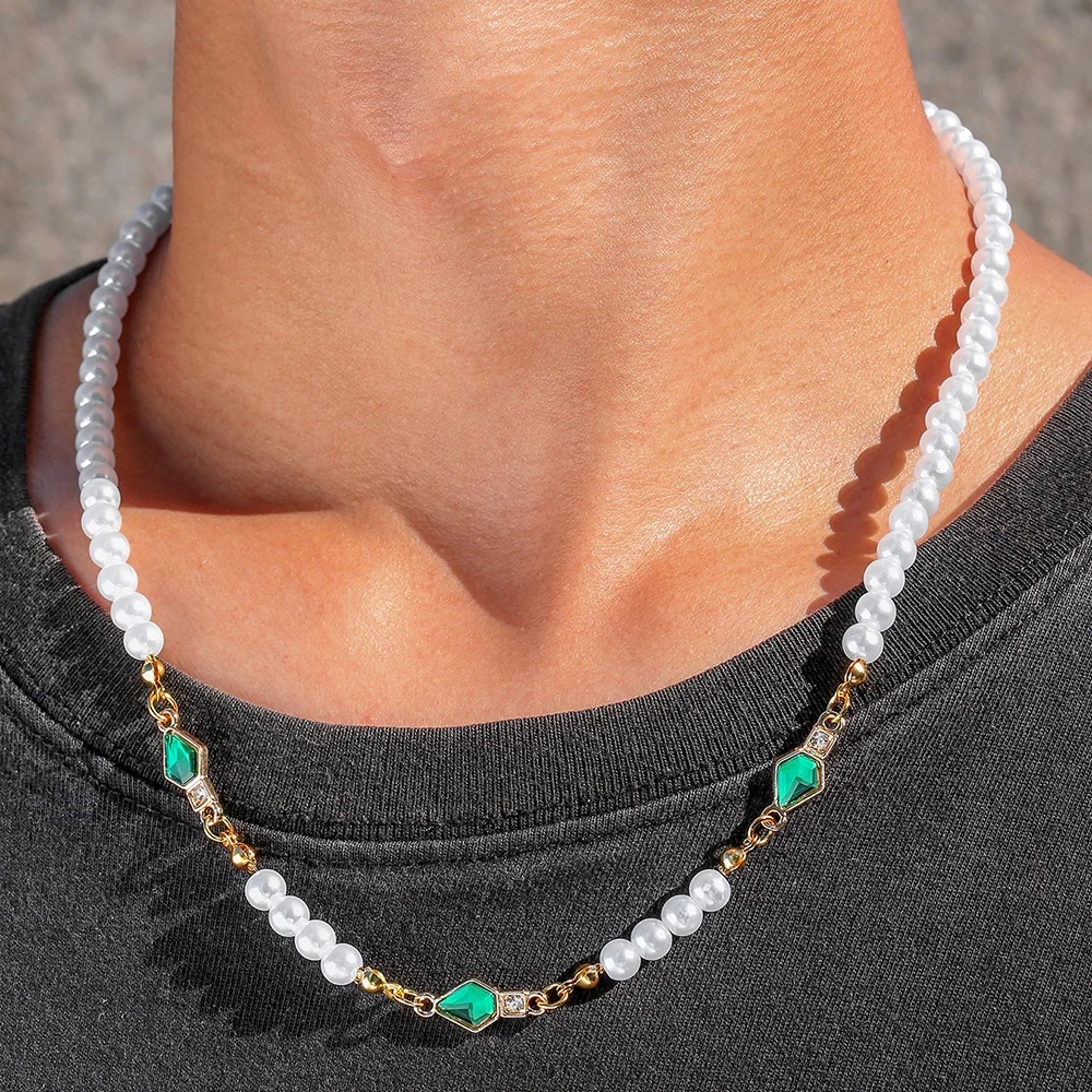 Böhmischer Imitationsperlen-Choker, einfache grüne Kristall-Edelstein-Kurzhalskette für Männer, Retro-Schmuck, Modeaccessoires – Detail 2