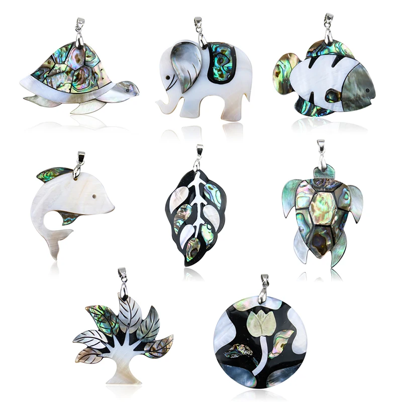 Natürliche Weiß Mutter der Perle Shell Tier Anhänger Glück Elefanten Schildkröte Fisch Abalone Baum Charms DIY Halskette Herstellung Von Schmuck