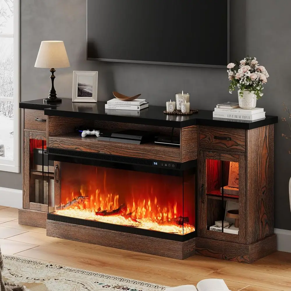 

Upscale 70-80 TV Stand with 3-Sided Glass Electric Fireplace, 2 Drawers, Storage Cabinet & Adjustable Shelves, Brown