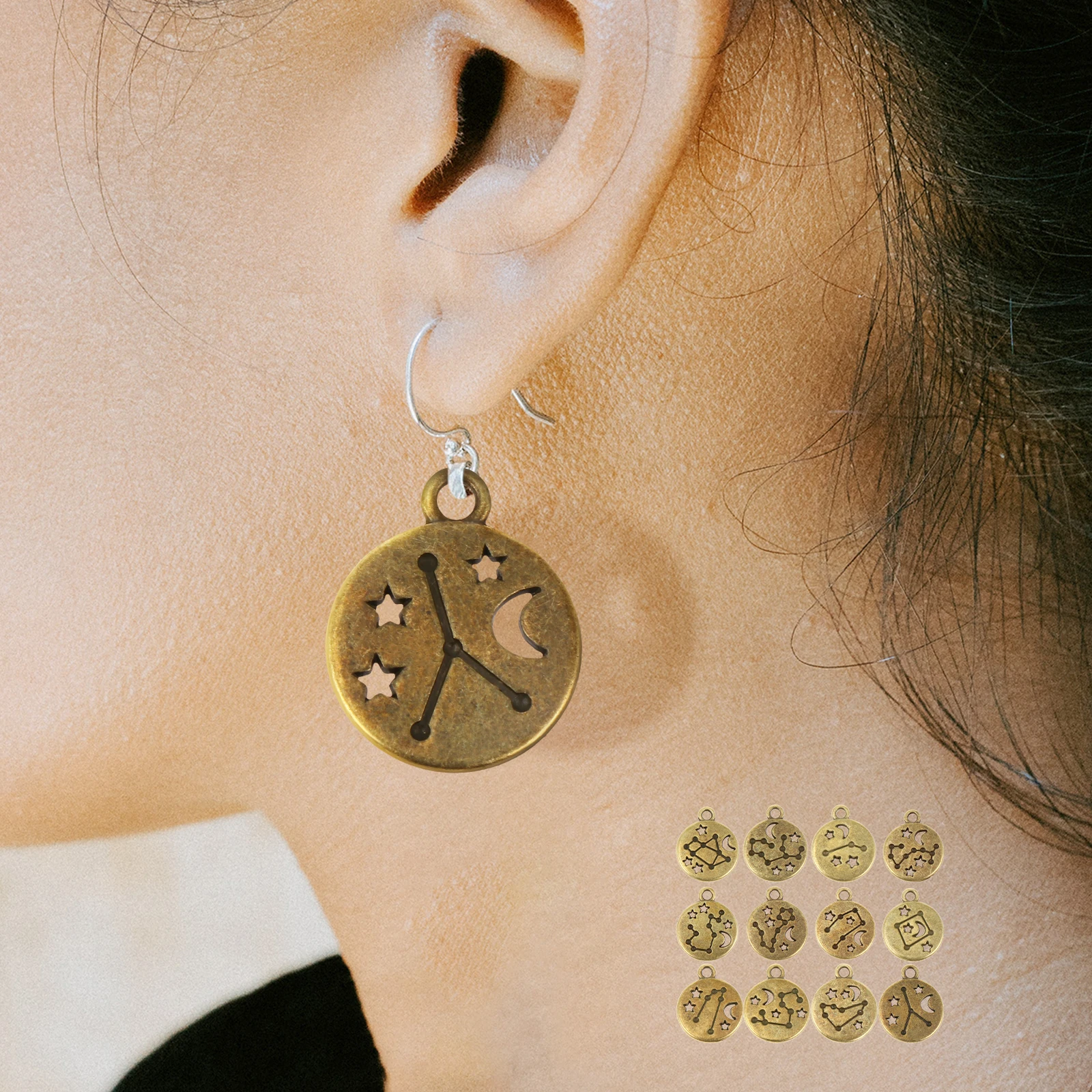 

72pcs Zodiac Charms Alloy Pendants For Necklace Bracelet Jewelry Making Double Sided Hollow Design Bulk 12 Signs Metal