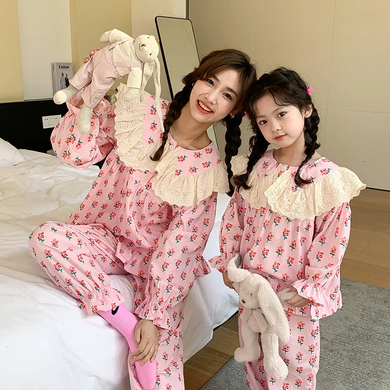 Mother Daughter Matching Cotton Pyjama Ladies Pajamas Set For Girls Pink Home Clothes Mommy And Me Sleepwear Clothes Tops Pants