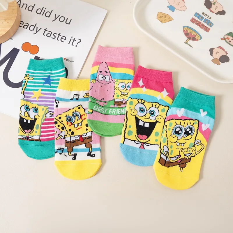 5 Pairs SpongeBob Patrick Star Low Tube Socks Set Men Women Cotton Boat Socks Summer Non-slip Solid Color Casual Breathable Sock