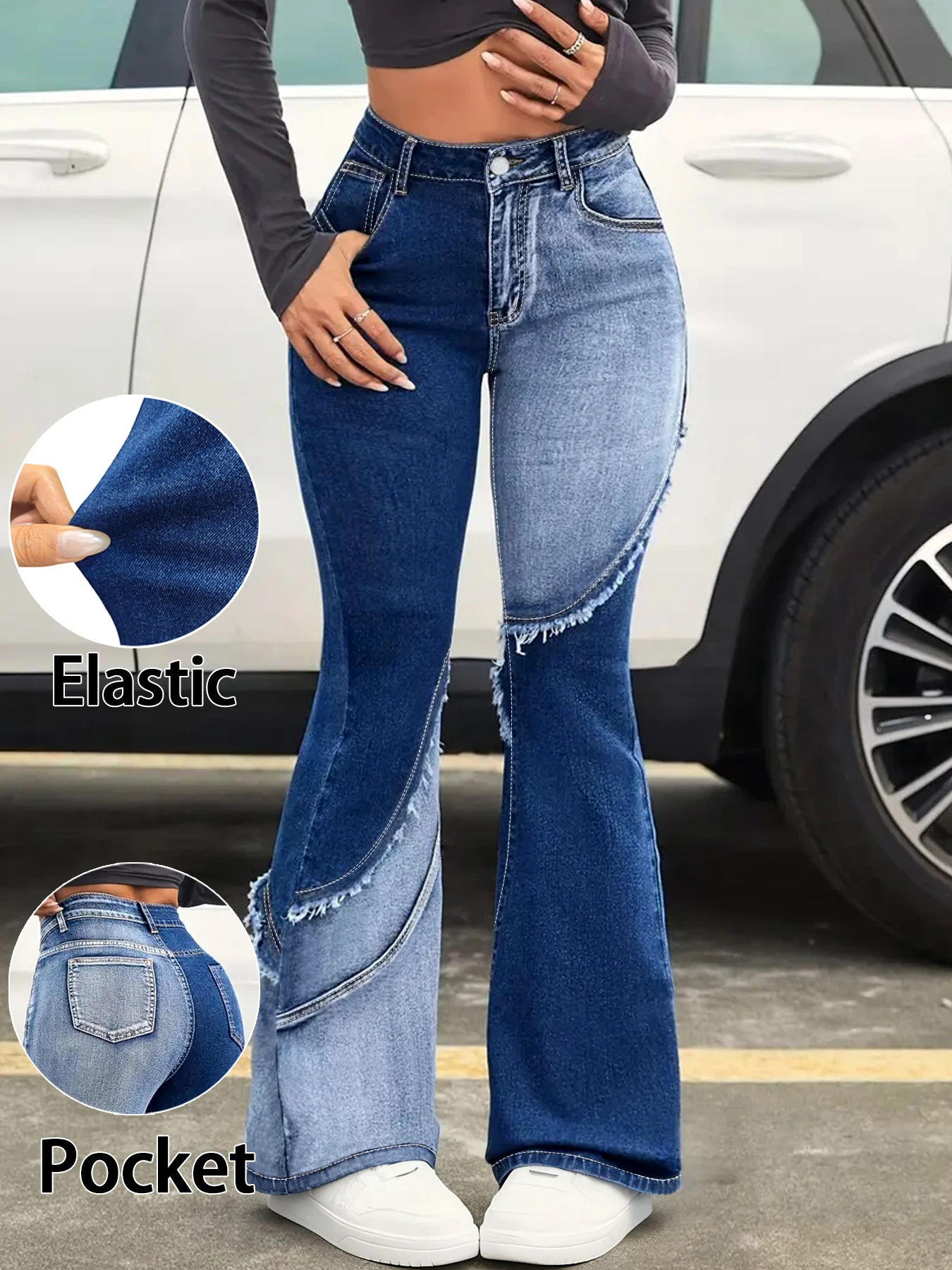 جينز نسائي عالي الخصر مقاس كبير، أنيق يغسل لجعل الأرجل تبدو أطول، جينز متوهج بحاشية ملونة