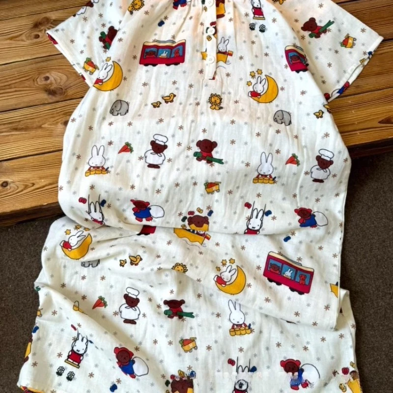 

Cute Miffy Anime Peripheral Rabbit Sleeping Skirt for Women in Summer Short Sleeved Long Home Sleeping Skirt Birthday Gift