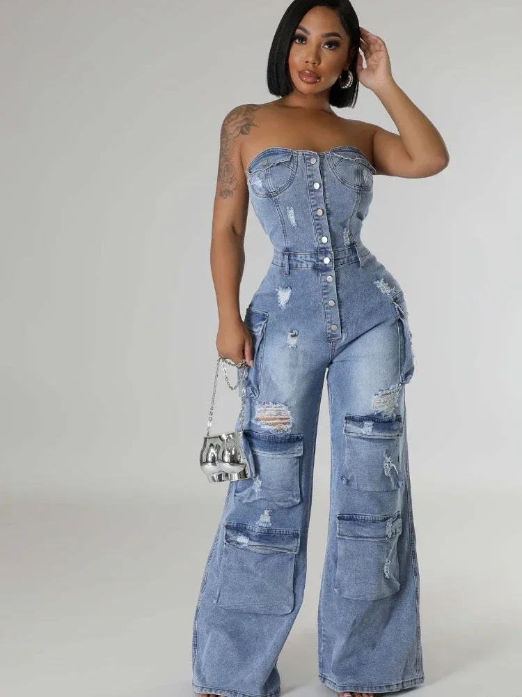 Women Multi Pocket Denim Cargo Safari Wide Leg Straight Jumpsuits 2024 Autumn Street Ripped Out One Piece Suit Rompers