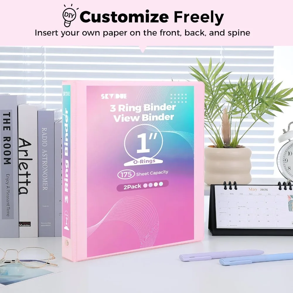 3 Ring Binder 2 Pack, 1 Inch Clear View Binders with 2 Interior Pockets, Round Ring Binder for Office & School Supplies, Pink and Purple view 4