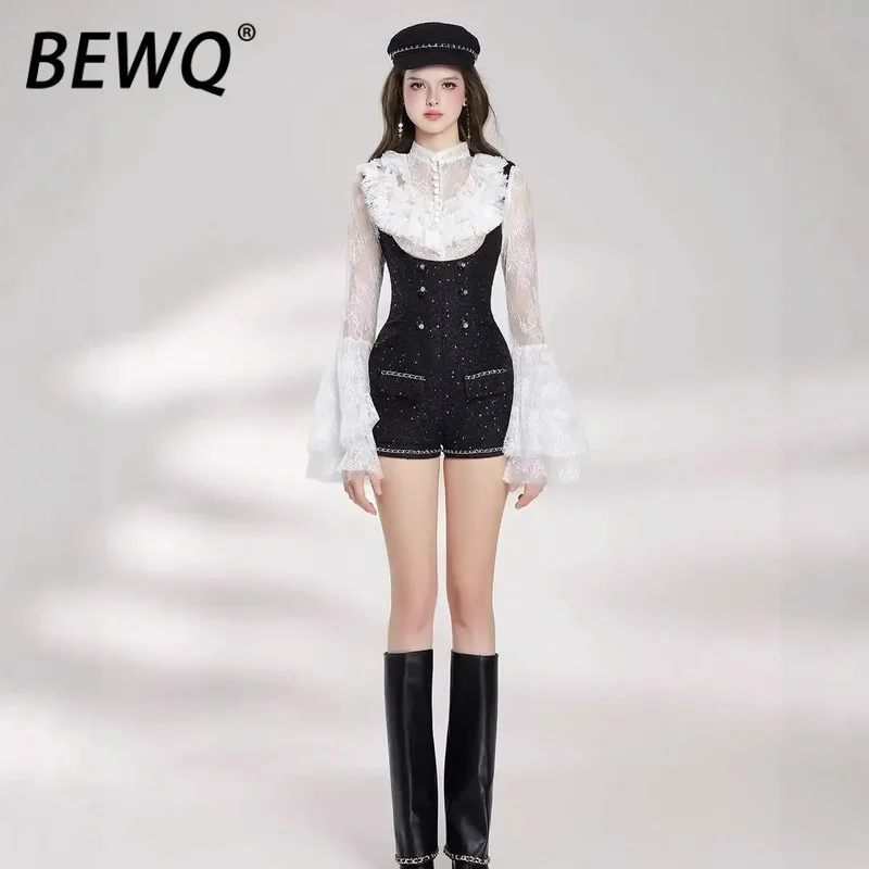 

BEWQ Color O-neck High Fashion Jumpsuits Long Jumpsuit Design Lace Contrast 2026 Sleeve Patchwork Women's Waist Spring New