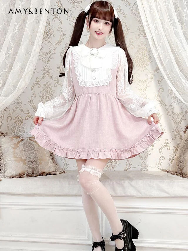 

Japanese Socialite Temperament Long Sleeve Lolita Dresses Women Spring Summer New Sweet Cute Lace Pearl Bow Ruffled Mini Dress