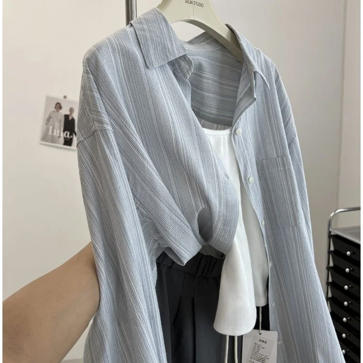 Fashionable Striped Loose Blue Shirt Casual Versatile Spring Summer Autumn Polyester Fiber Long Sleeve Women's Shirt