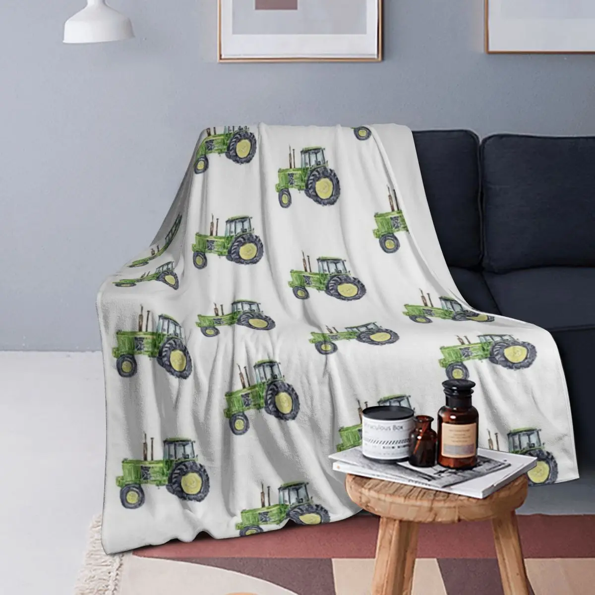 

Green Tractor Print Kids Room Wall Decor Painting Watercolour Blankets Flannel Throw Blanket Cover for Bed Living room Picnic