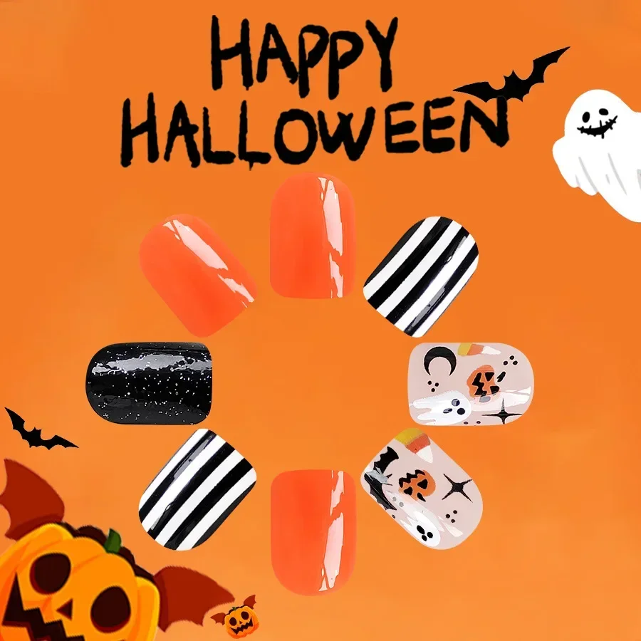 Faux ongles courts pour femmes et filles, Halloween souhaits on, mesurost Stripe, N64.Pumpkin, Bat, French Elements, 24PCs