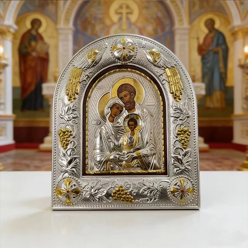 Silber-Gold-Plattierte Orthodoxe Heilige-Familie-Ikone mit Geprägtem Bogenrahmen für Kirchenliturgie, Heimaltar, Gebet und christliche Andacht – Detail 3