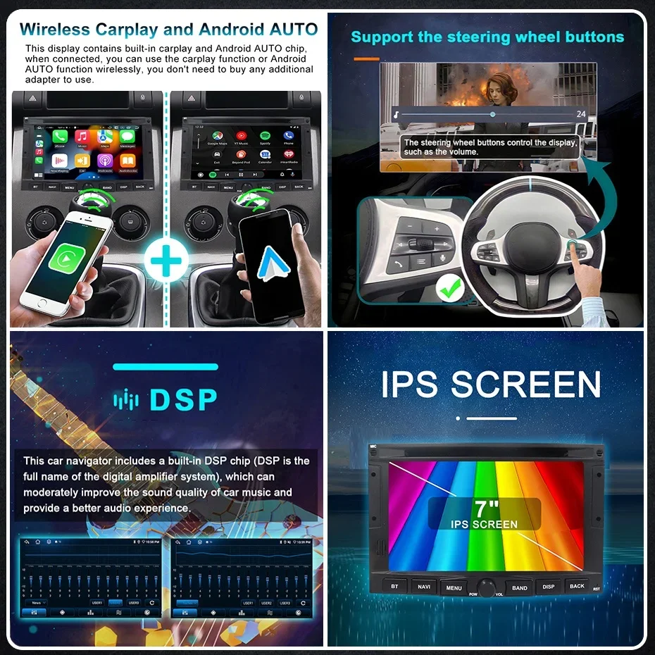 Radio Estéreo Inalámbrico para Auto con Carplay Android 15, 2DIN, para Peugeot 3008 5008 2010-2016, Bluetooth, Pantalla de 7 Pulgadas, Reproductor Multimedia, GPS 4